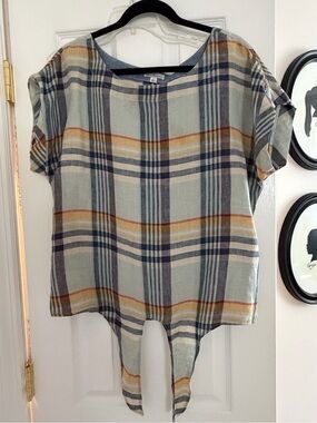 L.L. Bean Light Blue Plaid Tie-Front Top with Navy & Mustard Stripes